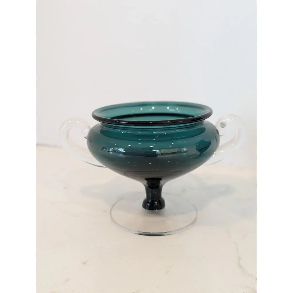 Vtg MCM Rich Teal Art Glass Sugar Creamer Set Hand Blown Green Clear Accents